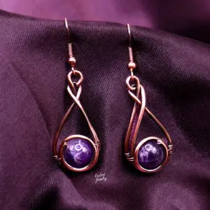 Amethyst Copper Teardrop Earrings Wire Wrapped Crystal Jewelry Handmade Celestial