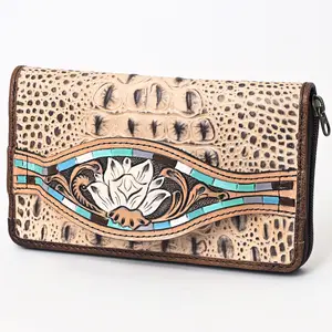 American Darling Western Leather Wallet Bag Crocodile Embossed Genuine Leather Hand Tooled 4.5in (H) X 8in (W)