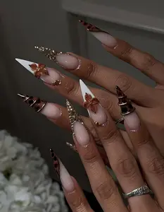 Luxury Leopard Butterfly Press On Nails, Brown and Nude Stiletto Nails with Gold Rhinestones, French Tips Nails, Polka Dot Nails, Fall Nails