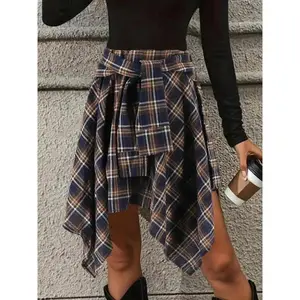 NewWomen's Fashion Style Plaid Print Asymmetrical Hem High Waist Skirt, Casual Comfort Elastic Waist Tiered Layer Knee Length Skirt for Summer Going Out Streetwear, Fashionable Trendy Plaid Skirt, Womenswear Everyday Bottom