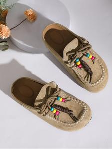 2025 new women's round-toe cork suede clog mules –boho beaded suede tassel mules – women’s vintage rubber slip-on clogs with arch support, soft cork sole, and colorful beads – cozy fall flats for walking & home