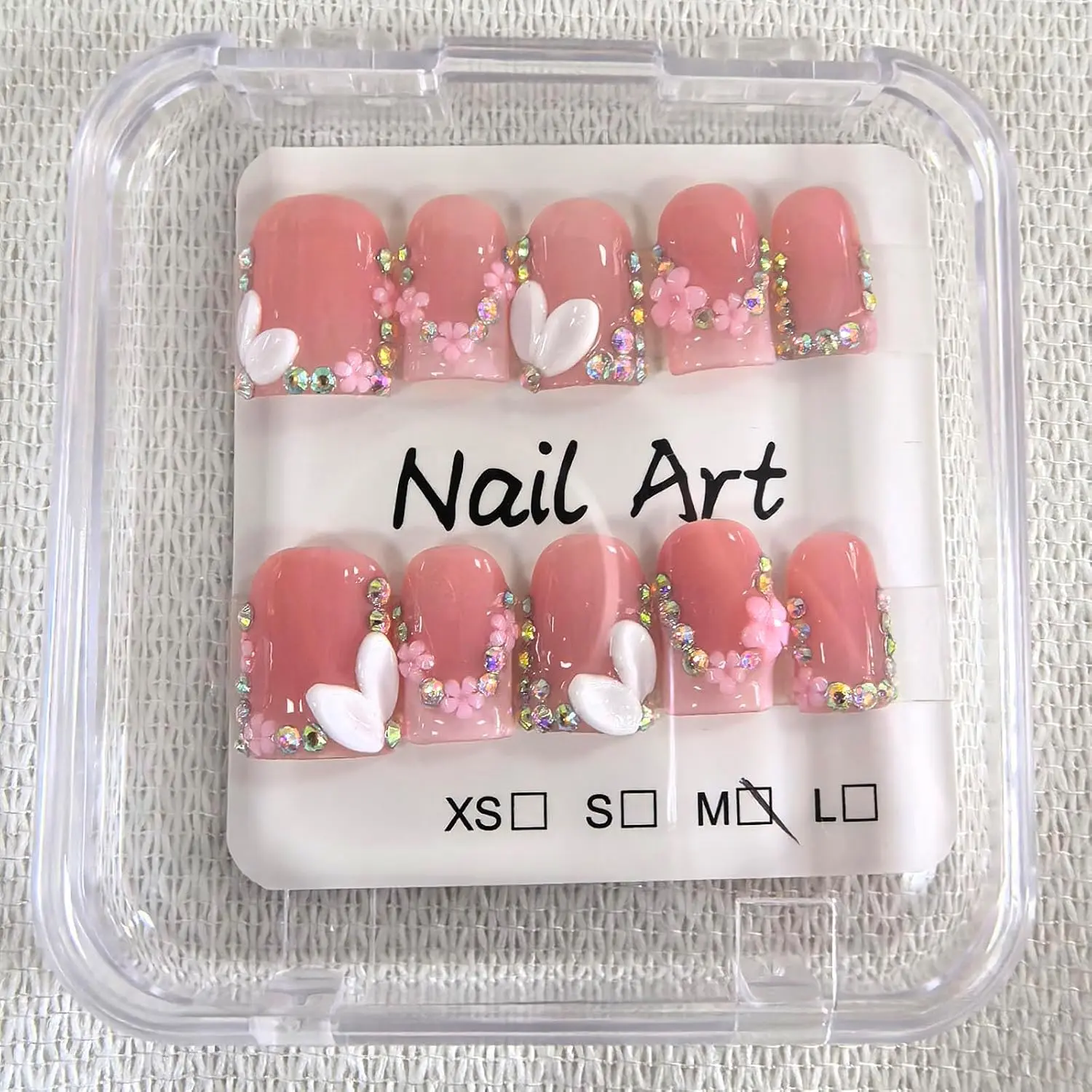 Handmade Press on Nails Square Short Fake Nails Pink French Tip with 3D Flower Designs Rhinestones Glossy Luxury Cute Acrylic Nails 10Pcs (Size M） n/a