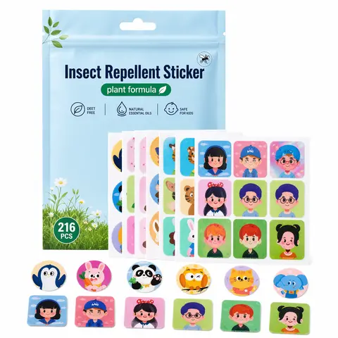 216Pcs Natural Bug Repellent Sticks, DEET-Free Essential Oil Aromatherapy Formula, Cute Animal Designs, Stick-on Clothes/Backpacks, Safe Mosquito-Pest Repellents for Children’s Outdoor Camping Use