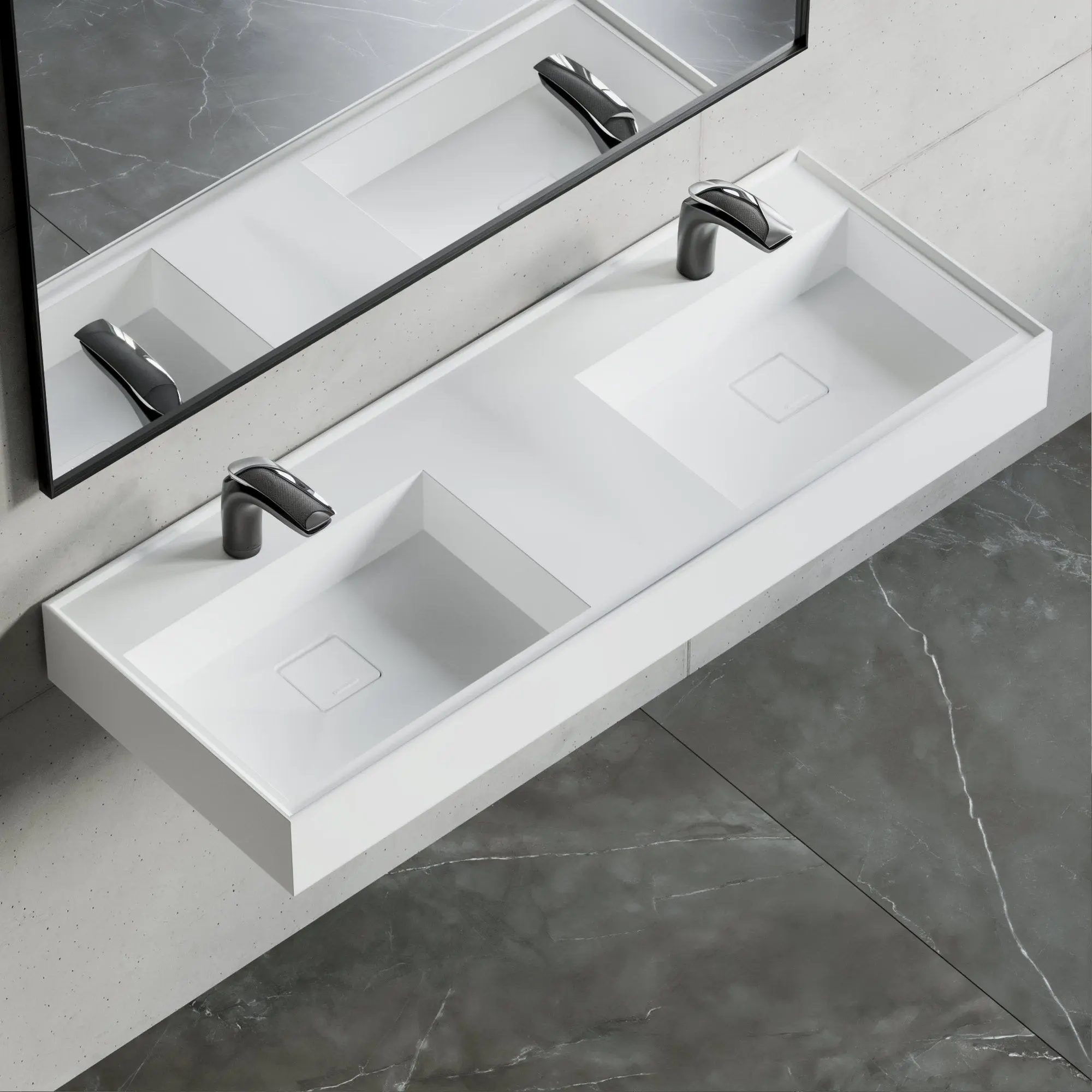 Dowell 48" Wall Mounted Bathroom Sink Rectangular Double Bowl Stone Resin Sink Luxury ADA Compliant (without Pedestal) Sink Non-overflow & Single Faucet Hole Floating Sink Perfect for Every Bathroom - ADA 070 Series