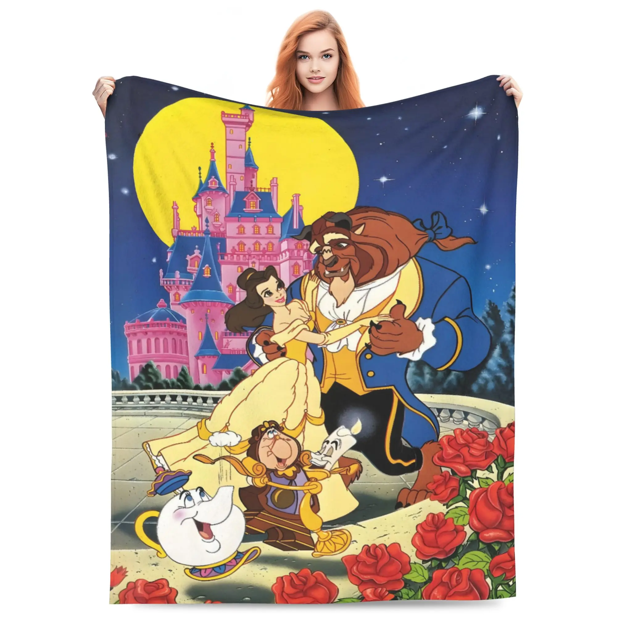 DISNEY CLASSIC Soft Flannel Throw Blanket Beauty and The Beast Belle Castle Red Rose Cartoon Print Lightweight Cozy Fleece Blanket, Warm Decorative Blanket for Sofa Couch Bed Camping Kids Girls Women Birthday Holiday Gift