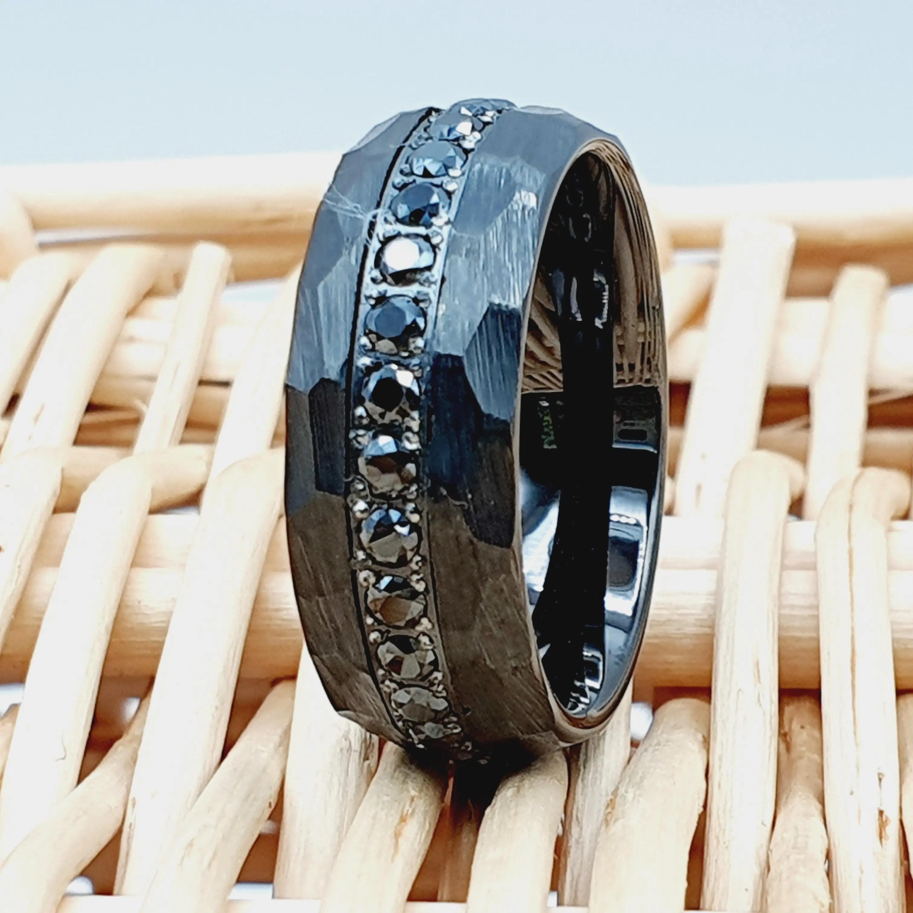 Men's Wedding Ring - Hammered Wedding Band with Diamond Engagement Ring, 8MM Black Gold Tungsten Ring