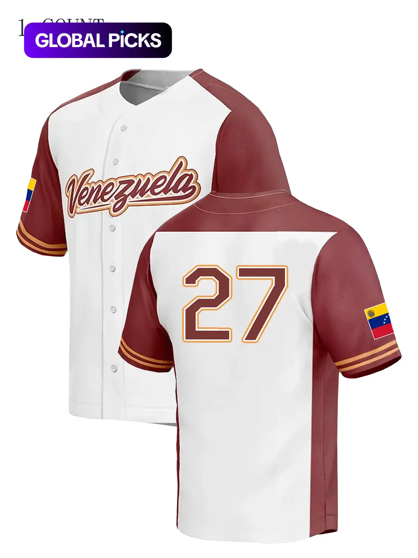 Men's #27 Venezuela Color-Block Lightweight Baseball Jersey, Classic Retro Letter-Embroidered Breathable Sportswear, Short-Sleeve T-Shirt, Jersey Top, Sports Apparel, Stylish Jersey, Sports Clothing