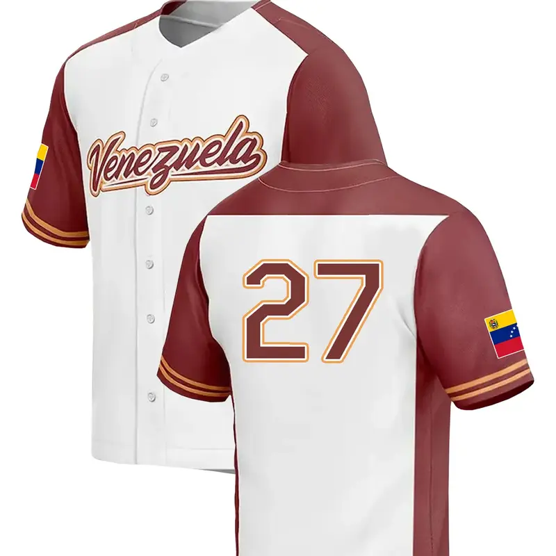 Men's #27 Venezuela Color-Block Lightweight Baseball Jersey, Classic Retro Letter-Embroidered Breathable Sportswear, Short-Sleeve T-Shirt, Jersey Top, Sports Apparel, Stylish Jersey, Sports Clothing #GLOBAL PICKS