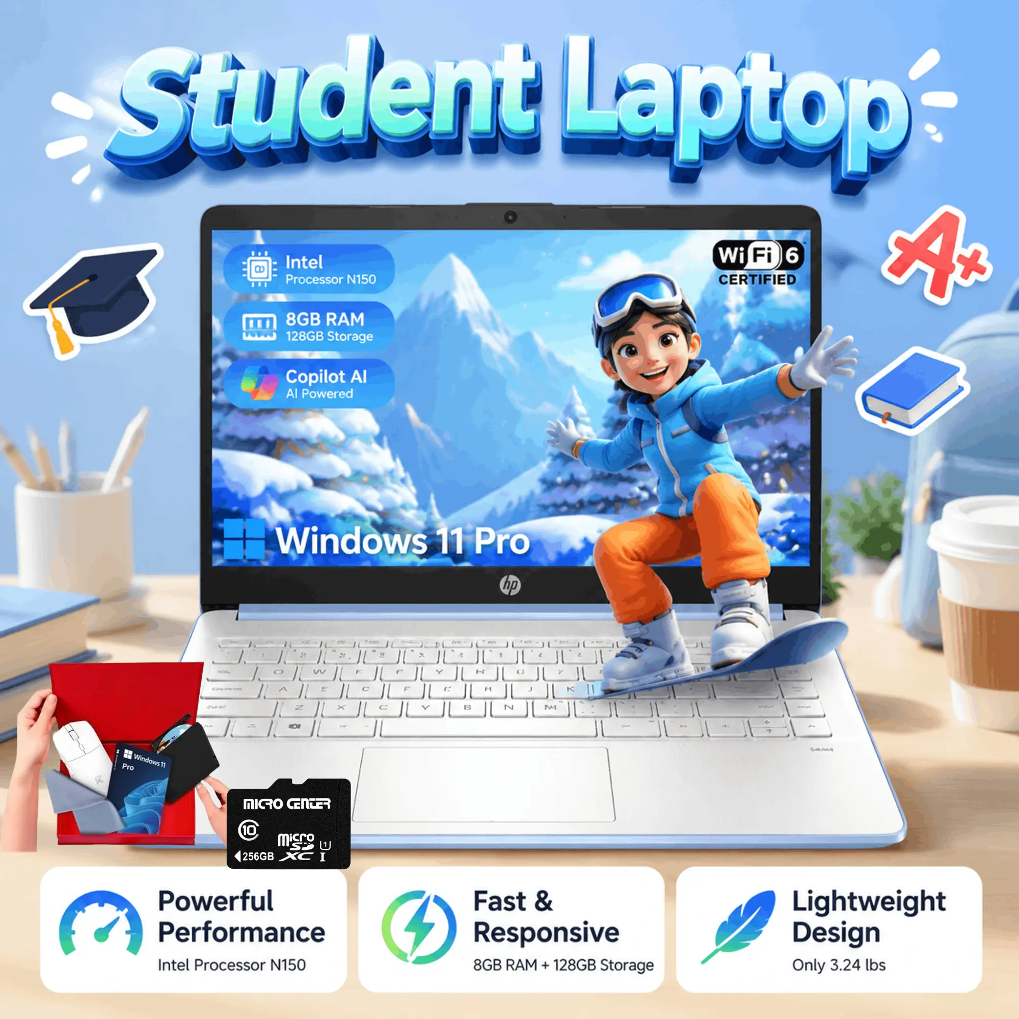 HP 14 Inch Blue Slim Lightweight Student Laptop | Intel N150 Up to 3.6GHz,8GB RAM 128GB Storage,Windows 11 Pro+Microsoft 365, Perfect for Back‑to‑School & Everyday Work, Accessory Bundle Included
