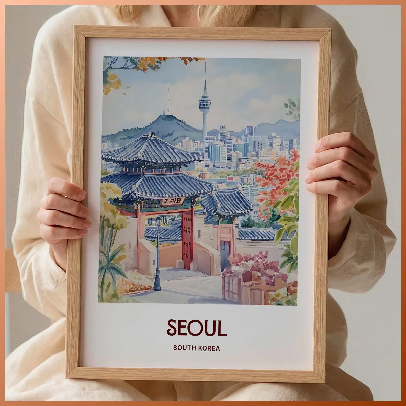 Retro Seoul Travel Poster Korea Wall Art, Vintage Cityscape Print, Minimalist South Korean Decor, Pastel Travel Gifts Trendy C35 244