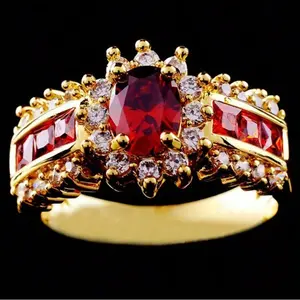 Fashion Ladies Golden Plated Red Gemstone CZ Wedding Ring Size 6-10