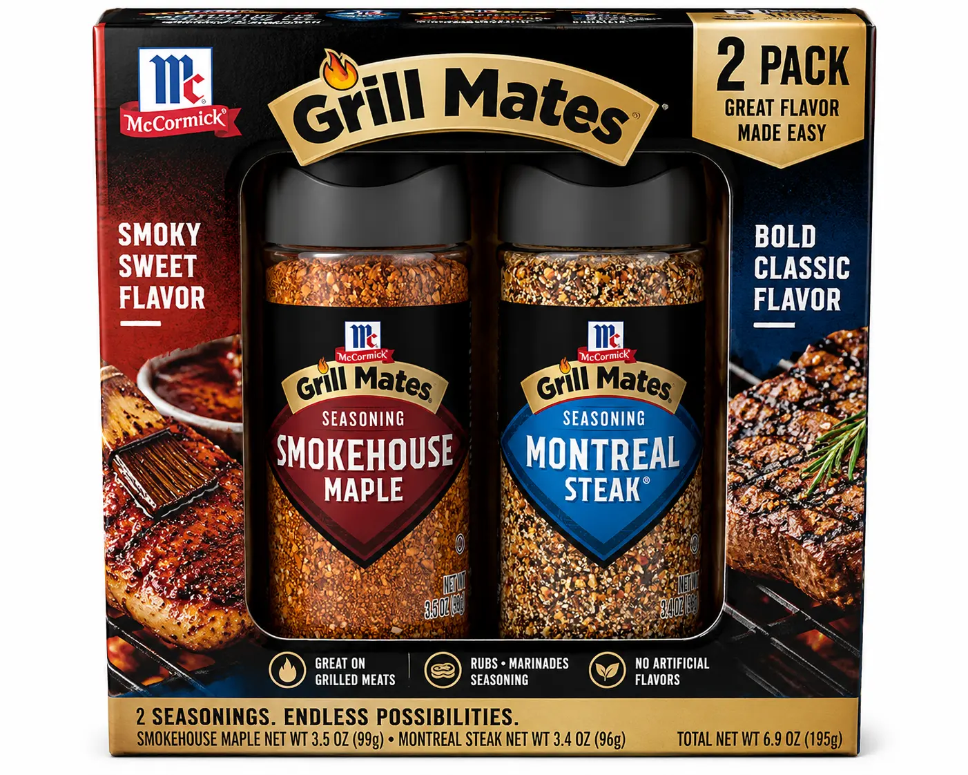 Grill Seasoning Variety Pack – Smokehouse Maple & Montreal Steak Blends, 3.5 oz + 3.4 oz Bottles, All-Purpose BBQ Spice Set for Beef, Chicken, Pork & Vegetables  Description