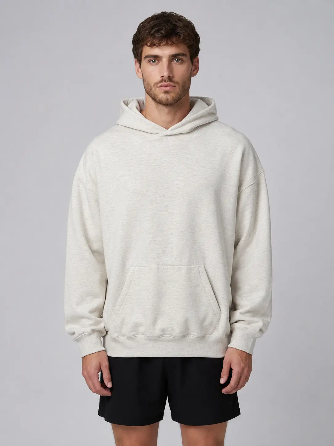 Men's Plain Hoodie, Heavyweight Fleece Long Sleeve Pullover Sweatshirt, Relaxed Fit Casual Streetwear Tops, Menswear, Everyday, Poly-Cotton, Heavy Fleece