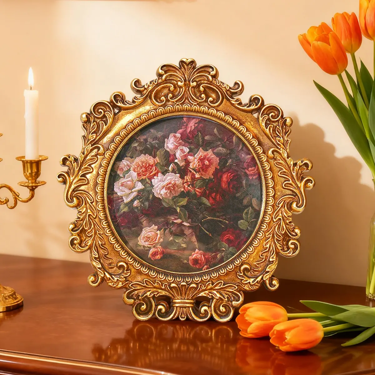French Court Style Leaf Pattern Round Relief Photo Frame, Floral Picture Frame, Resin Hand-Painted Vintage Decor, Dual Use Wall & Table, Perfect for Home Decoration