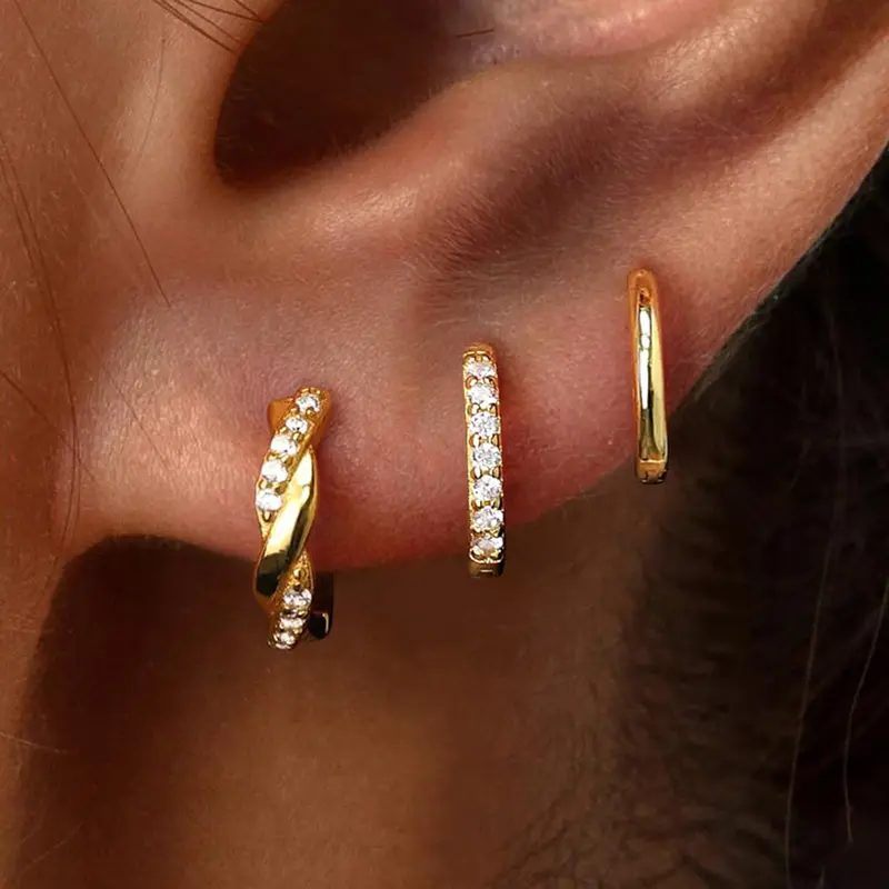 Women's 14 Karat Gold Plated Huggie Earrings Hoops Set, Small Hypoallergenic Cubic Zirconia Earrings for Jewelry Stack, Ear Stacking & Multiple Piercings with Gold Aesthetic & Bling Effect
