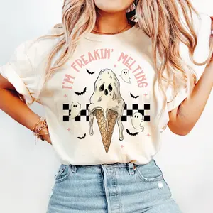 I’m Freakin Melting Shirt-Sublimation -Tshirt Design, Retro Sweater, Skull Hoodie, Ghost Shirt, Summer Shirt, Trendy summer Sweater, Halloween Gothic, Summerween Womenswear Tops Underwear Women Lady Streetwear Comfort Casual Crewneck Round Neck