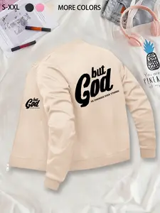 "But God" Printed Bomber Jacket - Loose Casual Top, Suitable for Casual Outdoor Sports, Fashionable & Durable for All Seasons, Ideal for Daily Activities, Gifting, Gatherings & Work.