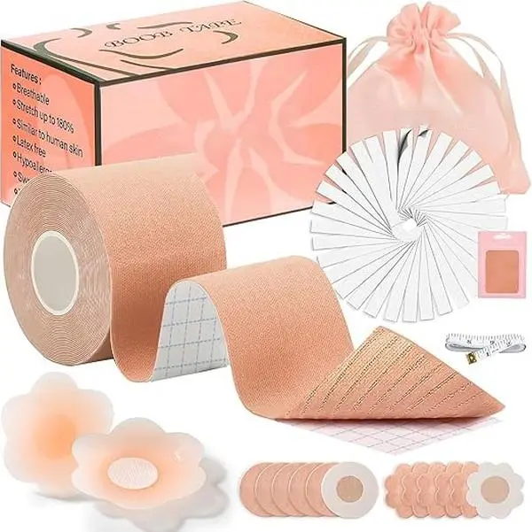 Boob Tape Kit - Boobytape for Breast Lift w 1 Body Tape, 2 Pcs Silicone Nipple Covers,12 Pcs Satin Nipple Stickers, 36 Pcs Double Sided Tape, BoobTape for Large Breasts A-G Cup Beige