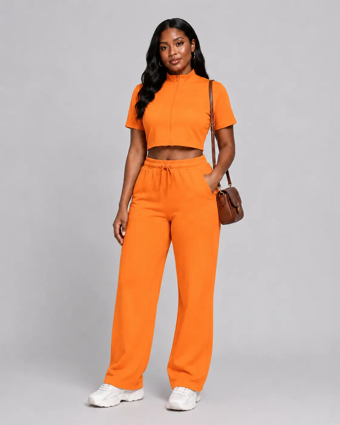 Women's 2-Piece Mock Neck Zip-Up Short Sleeve Crop Top & Wide Leg Sweatpants Tracksuit - All Seasons Fleece Spandex, Side Pockets, Casual Solid Lounge Outfit