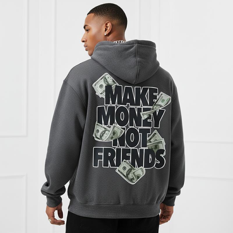 Men's MAKE MONEY NOT FRIENDS Graphic Hoodie - Cotton Blend Long Sleeve Pullover Regular Fit | Soft & Breathable Fabric, Durable Print, Everyday Comfort, Machine Washable, urban streetwear city backdrop