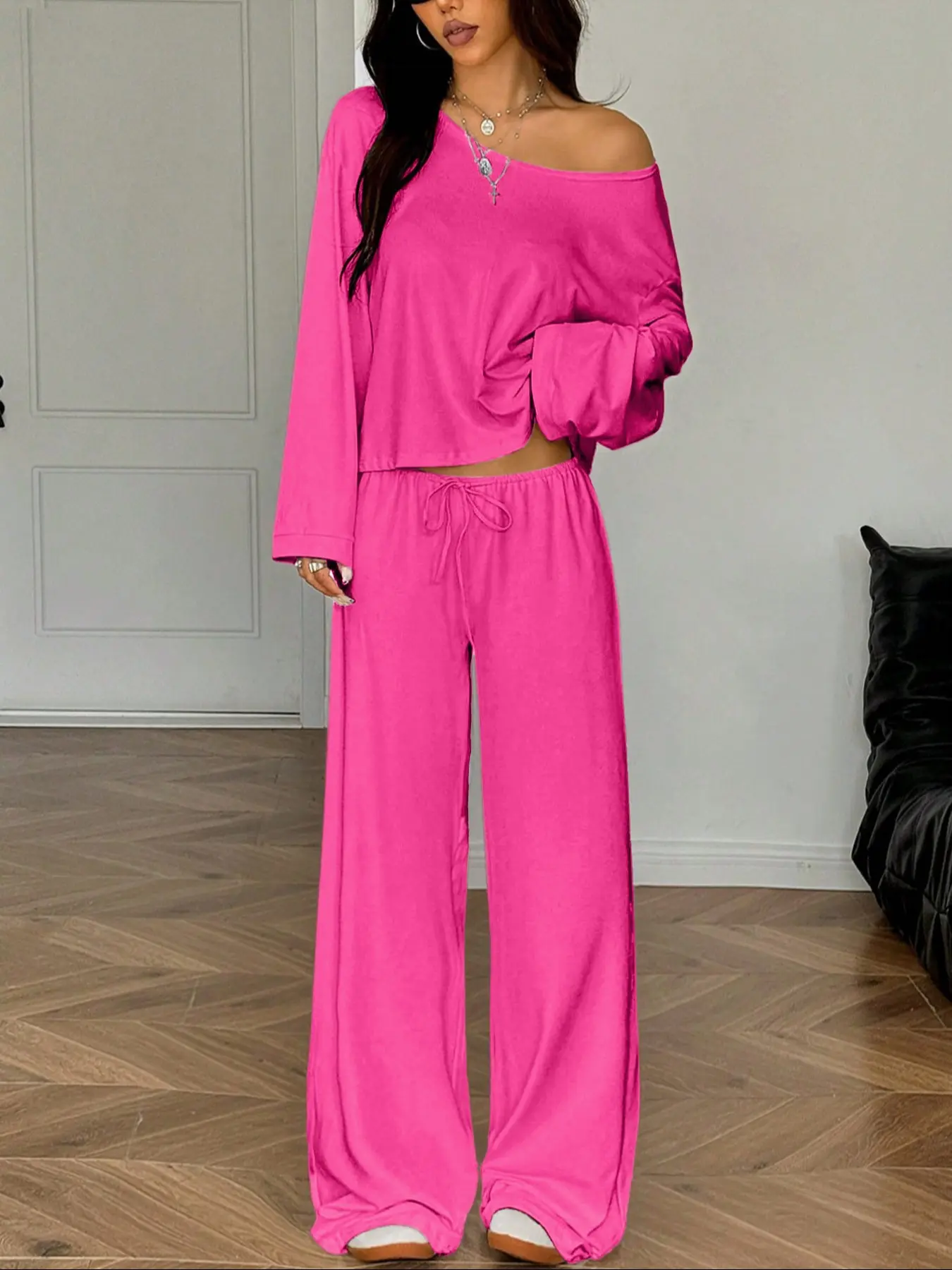 Women's 2pice or 6 pice Long Sleeve Top & Wide Leg Pants Set, One Shoulder Blouse, Loose-Fitting Homewear, Casual Fashion, All Seasons
