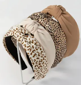 Leopard Print Wide Top Knot Headbands for Women - 4PCS Non-Slip Hair Accessories in Beige and Brown