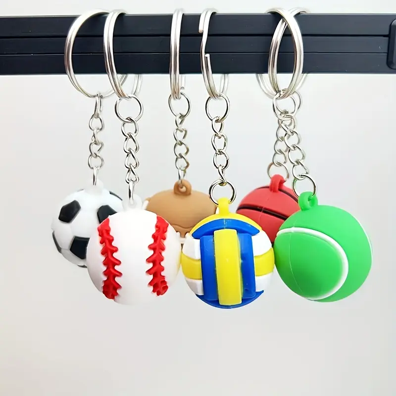 6 Pcs Mini Sports Ball Keychains Set, 3D Soft Rubber Sport Ball Key Rings with Soccer, Baseball, Volleyball, Basketball, Tennis & Rugby, Sports Themed Party Favors & Backpack Charms