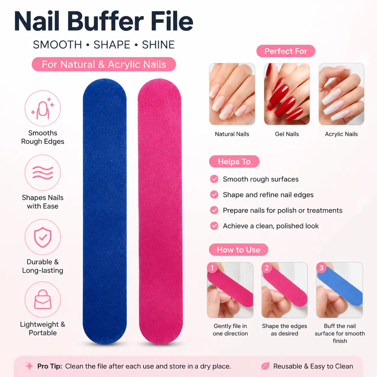 3-Professional Nail Buffer File, Double Sided Nail Shaper Tool, Smooth & Shine Nail Care Tool for Manicure at Home