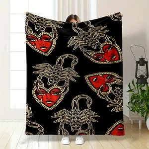 Dark Style Scorpion Red Heart Human Face Print Blanket This blanket features a pure black background with retro tattoo-style patterns, where a venomous scorpion curls up and clamps a red heart, in
