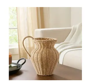 Faux Wood Rattan Pitcher Vase - Elegant Design with Natural Finish, Ideal for Home Decor