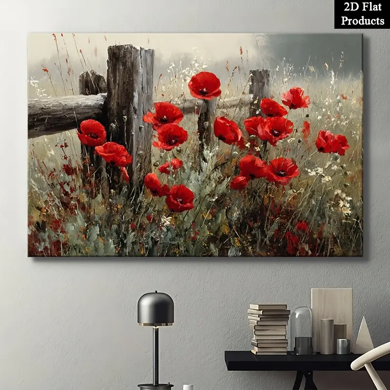 Rustic Floral Canvas Wall Art Decoration - Vintage Red Poppy Country Field Landscape, Textured HD Print with Anti-Fade Ink, Lightweight Solid Wood Framed, Ready-to-Hang Easy-Mount 2D Art for Living Room Farmhouse, Housewarming Gift for Nature Lovers, Arti