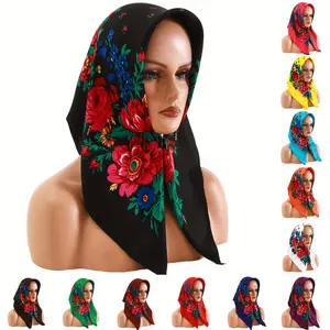 27.5" Russian Square Scarf Flower Printed Head Wrap Stylish Windproof Sunscreen Headscarf For Women
