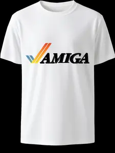 Vintage Tech Style Amiga Classic Logo Print Short Sleeve T-Shirt, Retro Computer Geek Must-Have, 80s Nostalgic Culture Memorial Top