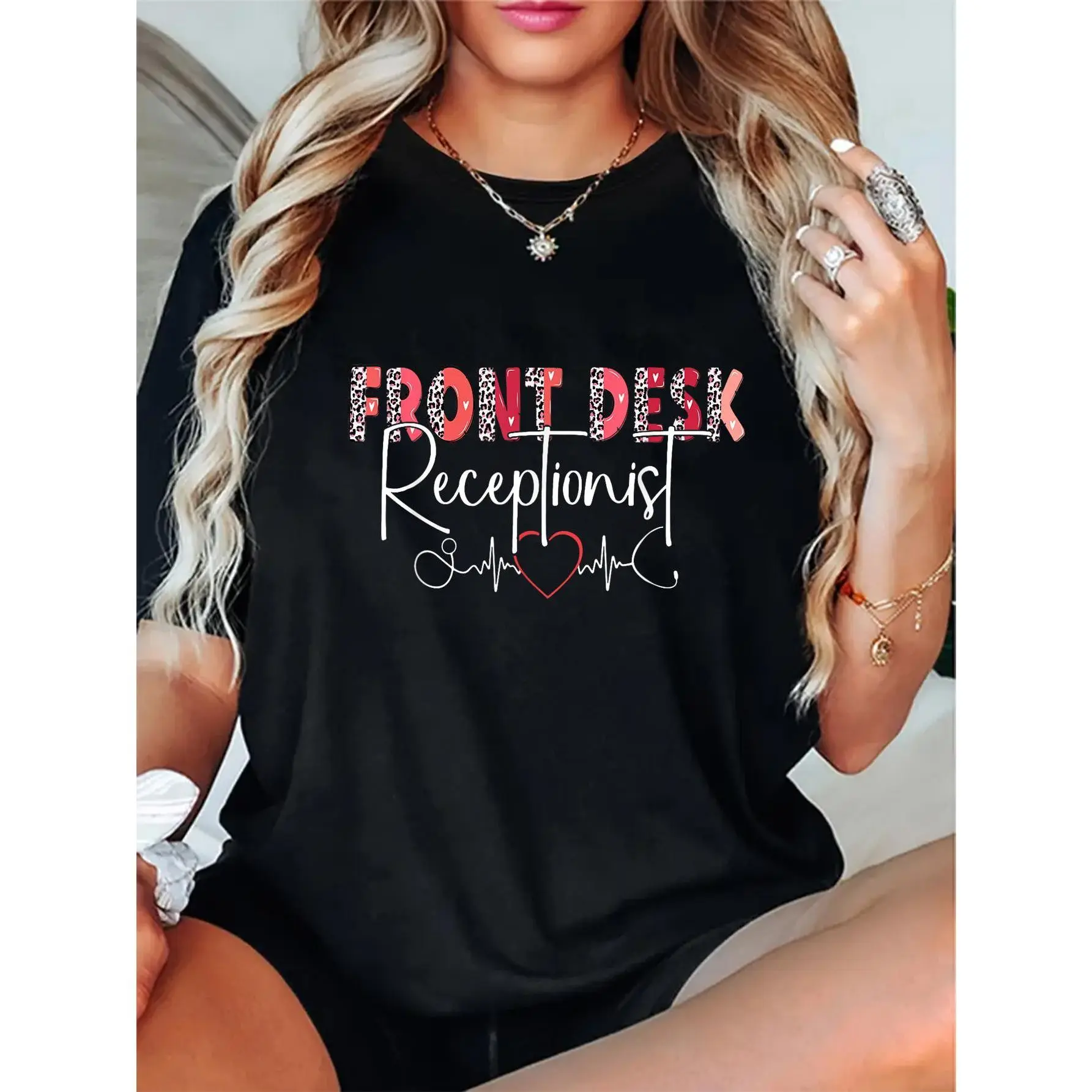 Women's T-Shirt, Front Desk Receptionist Graphic, Casual 100% Cotton Regular Fit Crew Neck Short Sleeve Top, Shortsleeve, Tshirt, Fitted, Lady, Round Neck