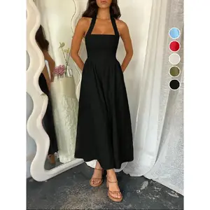 Women'S Plain Pocket Zipper Back Dress, Casual Sleeveless Halter Neck A Line Dress For Summer, Ladies Clothes For Beach Holiday, Brunch Dresses, Casual Wear, Casual Chic Dress, Casual Chic Outfit, Womenswear