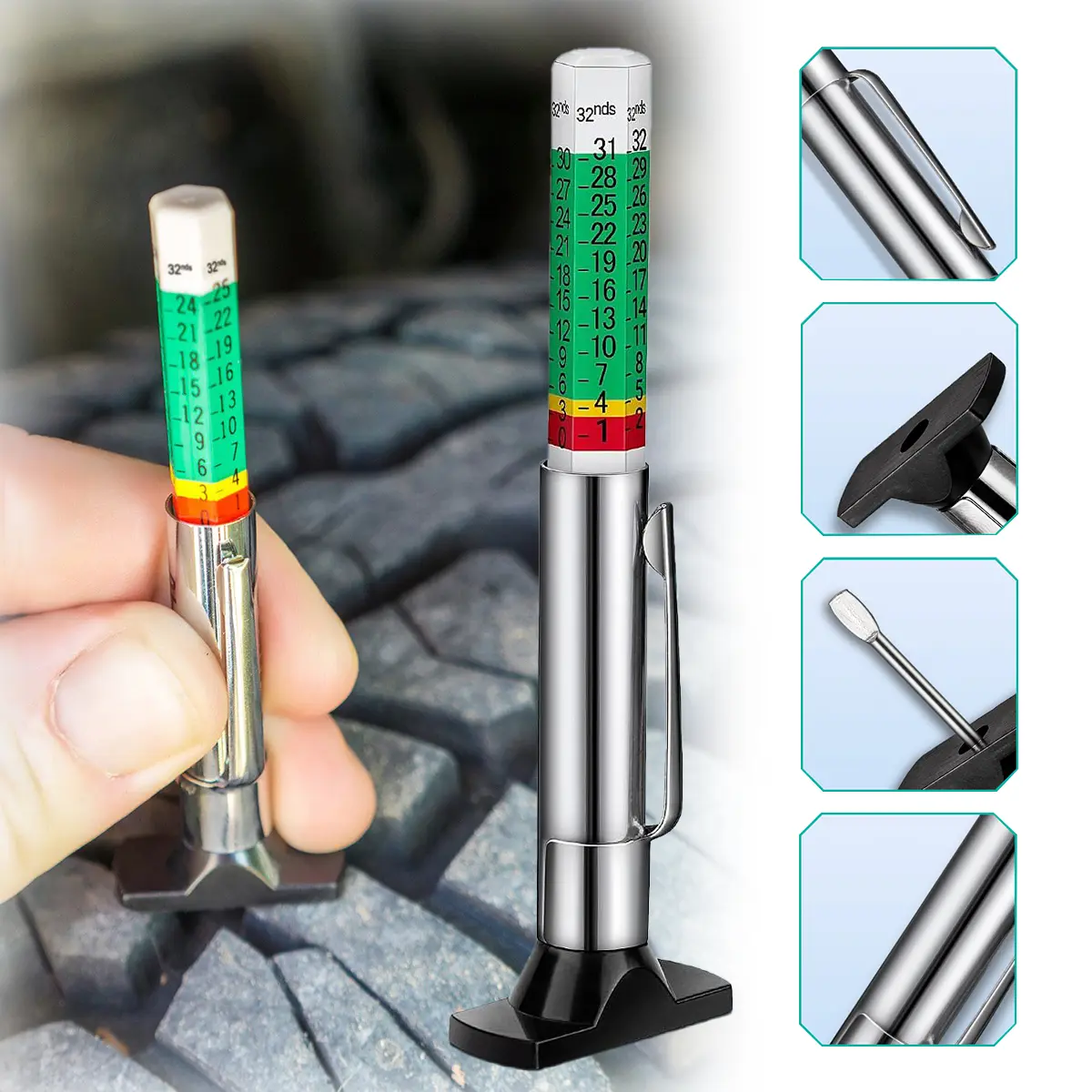 Tire Tread Depth Gauge Color Coded Measurement Bulk | Tyre Depth Gauge Tool 32nds Accurate Wear Indicator on Car Truck SUV Visual Safety Scale Easy Read Fleet Maintenance Tool