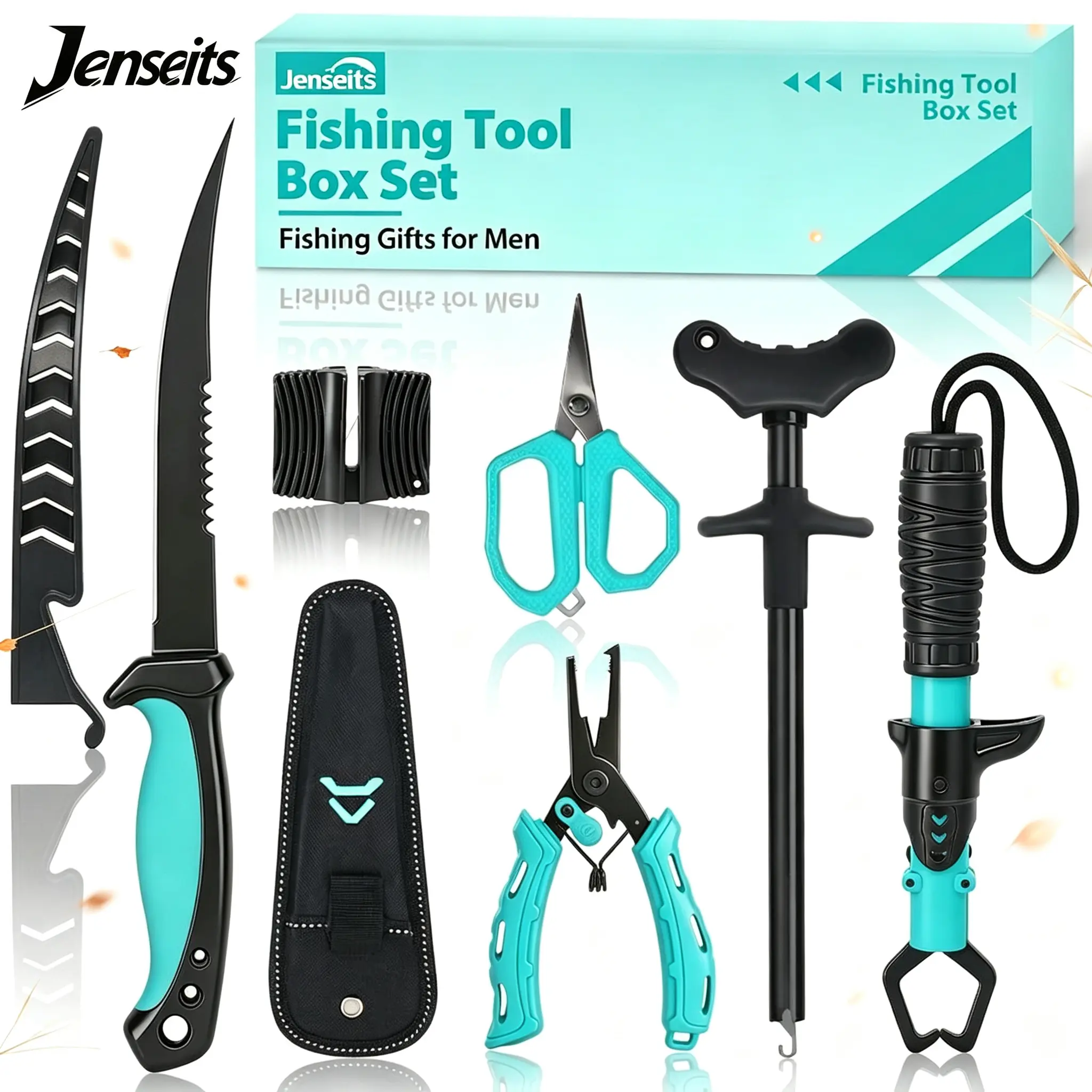 Jenseits Rustproof 6-Piece Fishing Tool Set - 6-Tool Quick Access, Pliers, Knife, Fish Gripper, Hook Remover, Scissors, Sharpening Stone, Spinning Angling Supplies, Fishing Accessory, Scissors Cut Lines, Compact Fisherman Kit