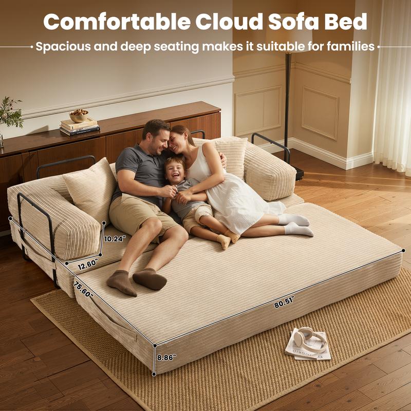 POUUIN 81" Boneless Convertible Sleeper Sofa Bed with Cylindrical Pillow, Ultra-Soft Corduroy Folding Mattress Couch with Fixed-Shape Frame, 5-in-1 Multi-Functional Floor Sofa Lounge Couch, Space‑Saving Folding Sofa Bed for Living Room/Bedroom/Small Space