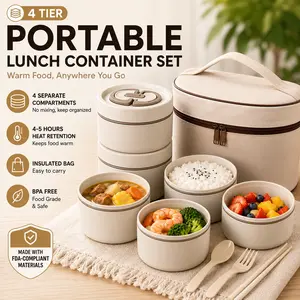 Portable Insulated Lunch Box Set for Adults, 4 Tier Stackable Stainless Steel Bento Box with Insulated Lunch Bag, Leak-Resistant Food Container for Work, Office, Travel, Camping & Picnic