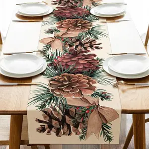 Winter Pine Cone Table Runner, Pine  Branch Red Berry Bow Farmhouse Kitchen Dining Table Decor, Christmas Holiday Seasonal Rustic  Decoration Indoor Outdoor Party  13x36 Inches