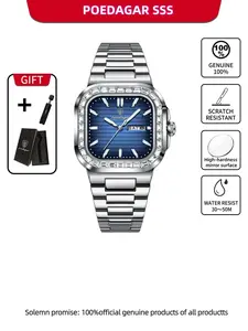 Poedagar Men's Fashion Casual Square Watch, Square Dial Wristwatch, Waterproof, Bright, Date, Week, Men's Watch, Stainless Steel, Casual Fashion, Quartz, Men's Watch