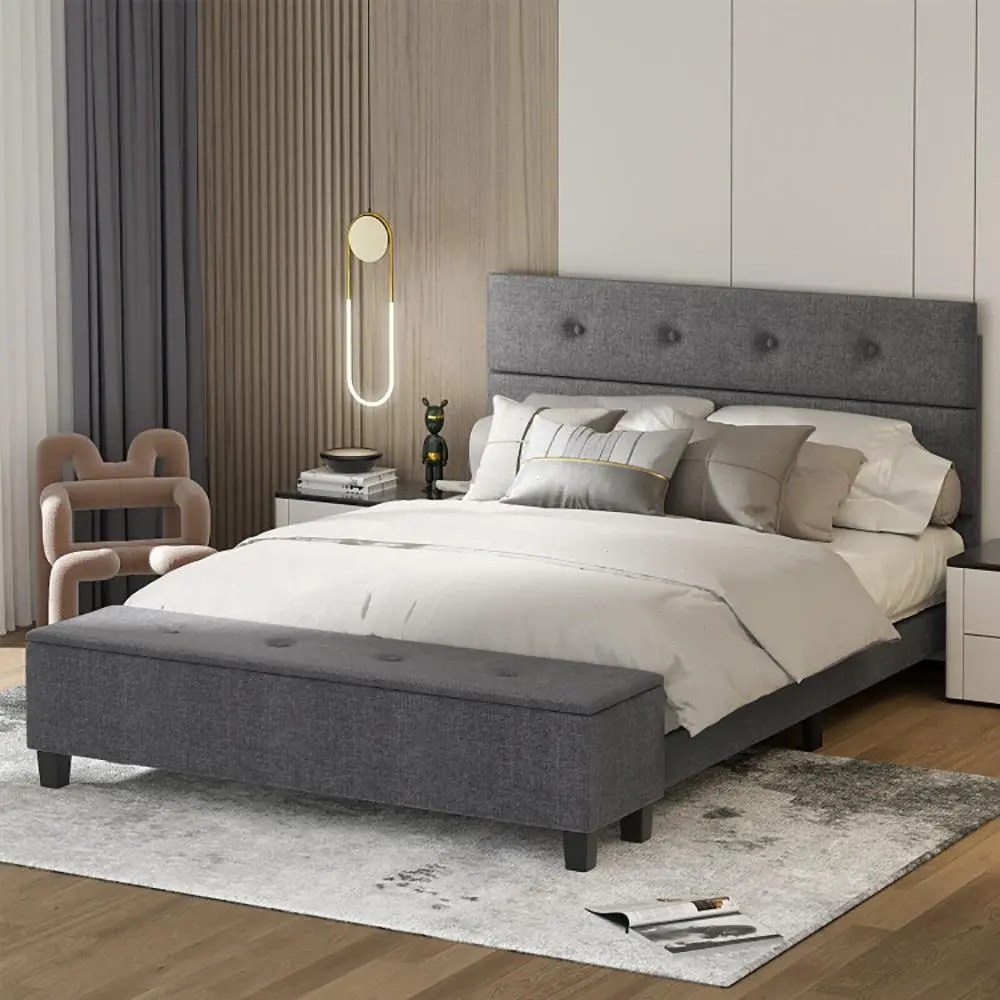 Spaco Queen Bed Frame with 80L Ottoman Storage, Platform Bed with Upholstered Headboard and Bench, Wood Slat Support, No Box Spring Needed