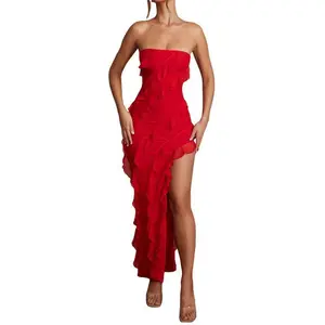 Women Wrap Chest Bodycon Dress Solid Color Strapless Backless Cocktail Dress Party Club Ruffles Skinny Slit Long Dress，Party Dresses，Evening Dresses Check Formal Womenswear Light