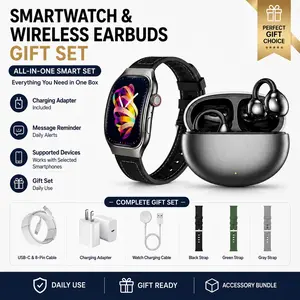 All-in-One Smartwatch Gift Set with Wireless Earbuds, Charging Adapter, Watch Charger, Multi Cables and Extra Watch Bands, Smart Watch for Men and Women, Daily Wearable Accessories Bundle Gift