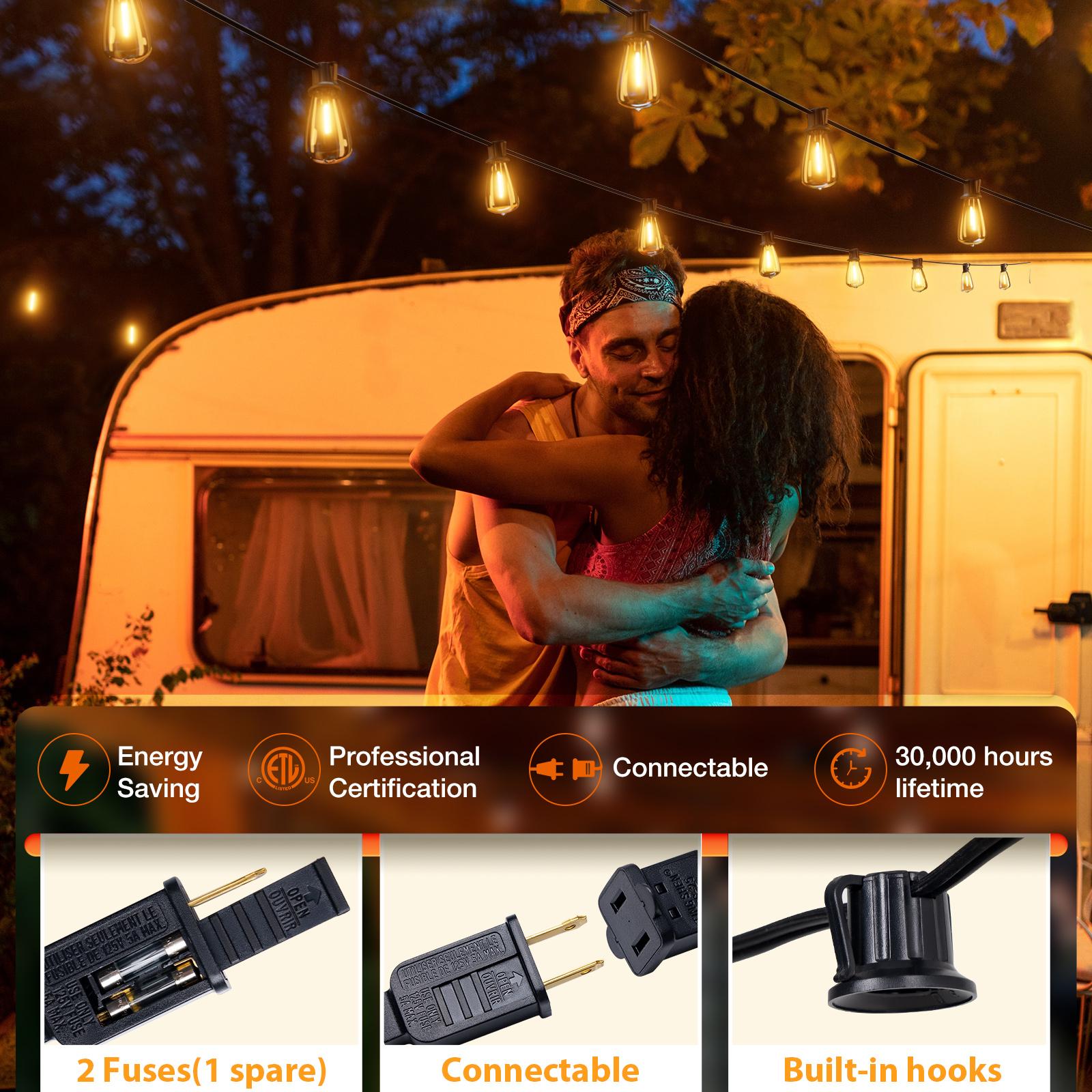 IP54 Waterproof LED Outdoor String Lights - ETL Listed, Shatterproof ST38 Bulbs, Dimmable & Connectable, Warm White For Garden, Porch, Patio, Balcony, Backyard, Bistro, Party & Holiday Gift