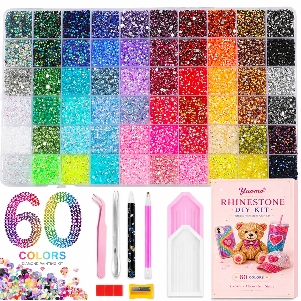 60-Color Bedazzling Kit with Gloss Nail Art Rhinestones, Synthetic Resin Flatback Beads, Tweezers, Pick-Up Pen & Bonus Tools for DIY Nail Art, Book Decorations