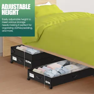 Black Under Bed Storage Bin with Wheels, 11.7"H Adjustable 80L XXL Clear-Lidded Organizer for Shoes, Clothes, Blankets