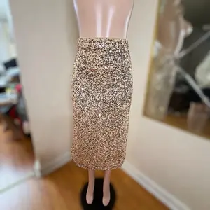 Women's High Rise Sequin Midi Pencil Skirt - Sparkling Gold Glitter Design for Evening Wear