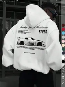 Unisex Cyberpunk Street Style Hoodie, "Low-key Street Aesthetics" letter print and "Speed ​​Car Pattern" print, Loose Fit, Fall Winter Casual Wear, Unisex Y2K Fashion Gift