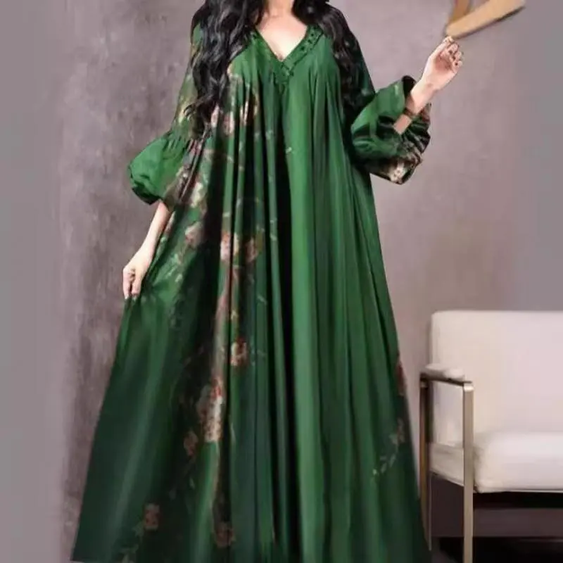 Women's Loose Digital National Print Djellaba Dress, Casual V-Neck Long Sleeve Summer Kaftan for Commute Wear, Modesty Muslim Clothing
